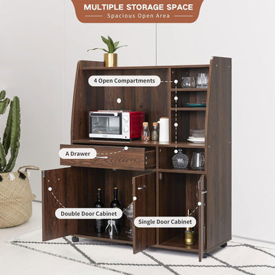 JOMEED Kitchen Pantry Microwave Storage Cabinet with Wheels, Drawer, and Shelves - VMInnovations