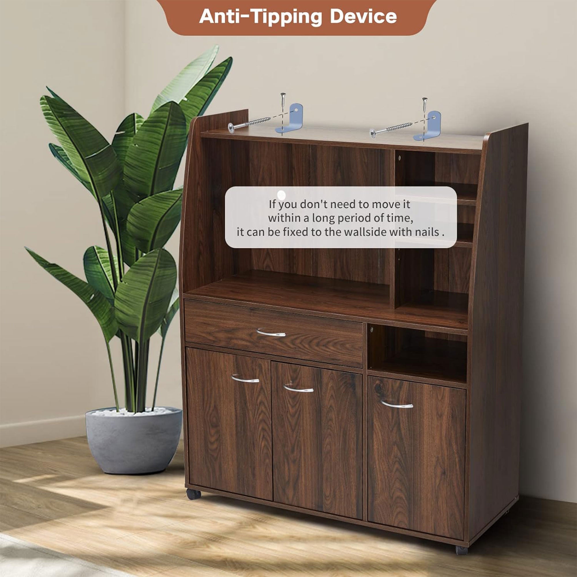 JOMEED Kitchen Pantry Microwave Storage Cabinet with Wheels, Drawer, and Shelves - VMInnovations