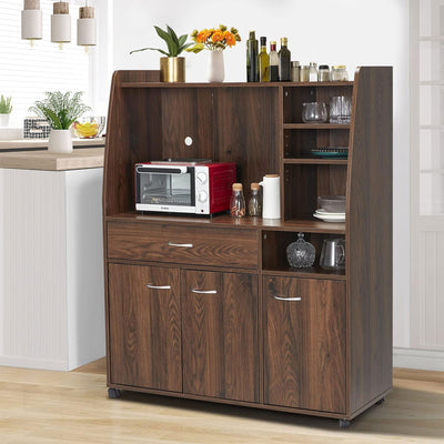 JOMEED Kitchen Pantry Microwave Storage Cabinet with Wheels, Drawer, and Shelves