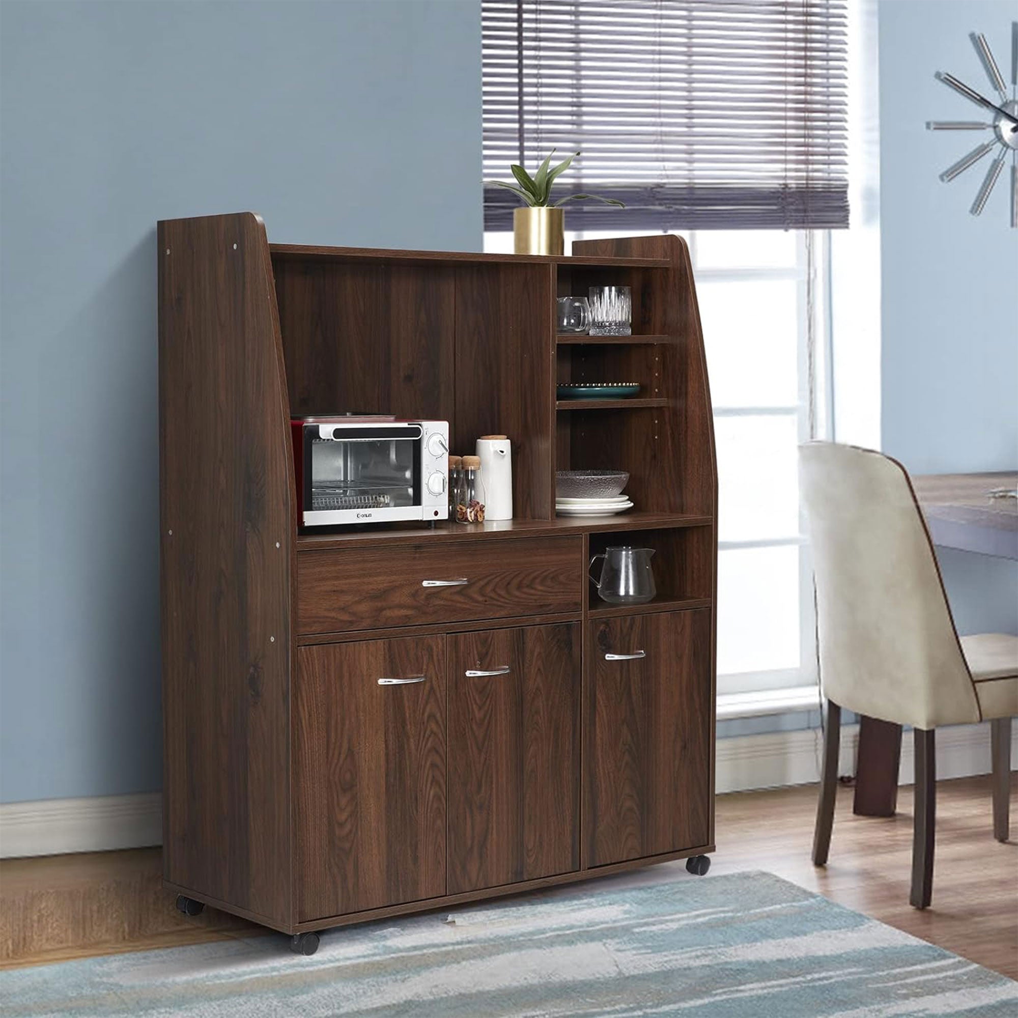JOMEED Kitchen Pantry Microwave Storage Cabinet with Wheels, Drawer, and Shelves - VMInnovations