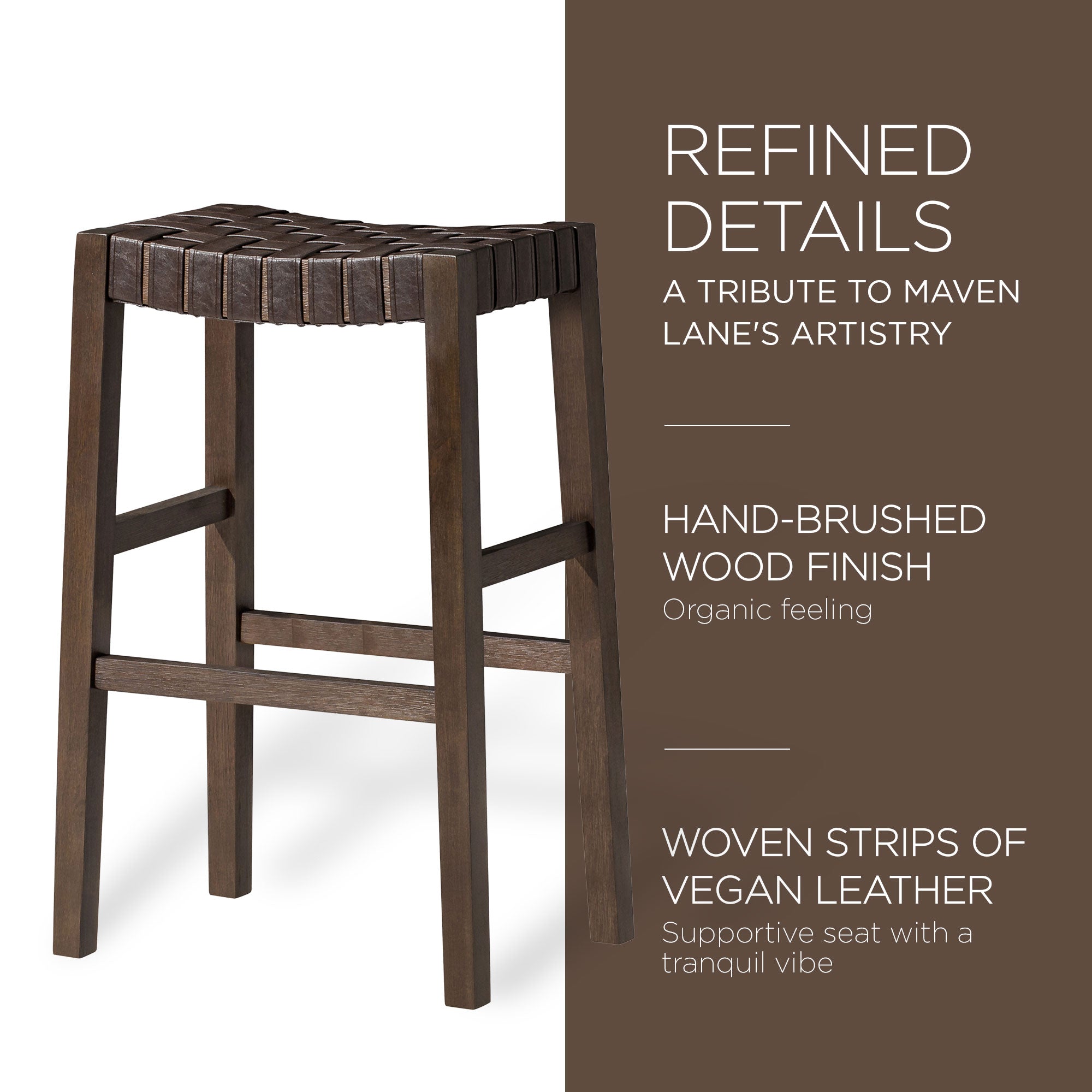 Maven Lane Emerson Bar Stool, Weathered Brown Wood Finish with Marksman Saddle Vegan Leather - VMInnovations