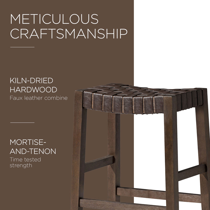 Maven Lane Emerson Bar Stool, Weathered Brown Wood Finish with Marksman Saddle Vegan Leather