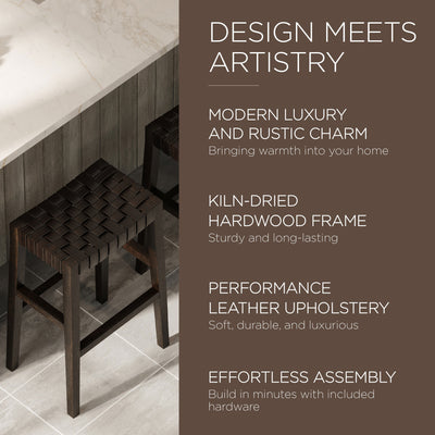 Maven Lane Bar Stool, Brown Wood Finish with Marksman Vegan Leather (Open Box) - VMInnovations