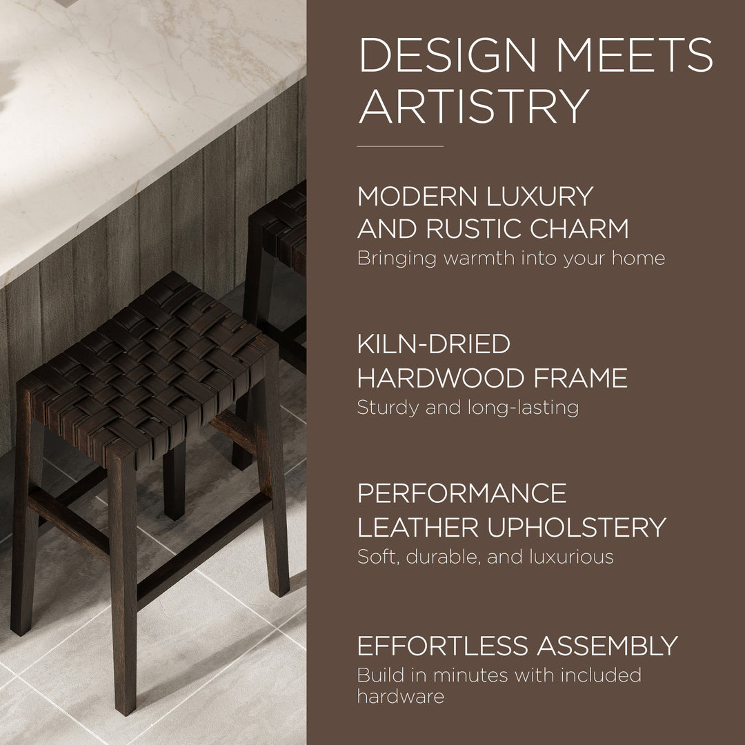 Maven Lane Bar Stool, Brown Wood Finish w/Marksman Saddle Vegan Leather (Used) - VMInnovations