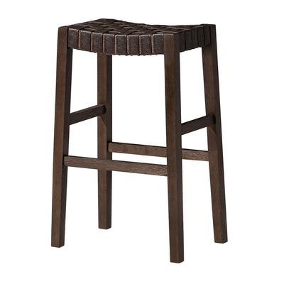 Maven Lane Emerson Bar Stool, Weathered Brown Wood Finish with Marksman Saddle Vegan Leather