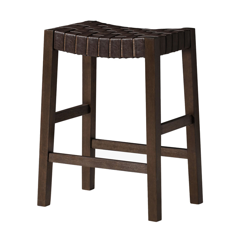 Maven Lane Emerson Counter Stool, Weathered Brown Wood Finish with Marksman Saddle Vegan Leather