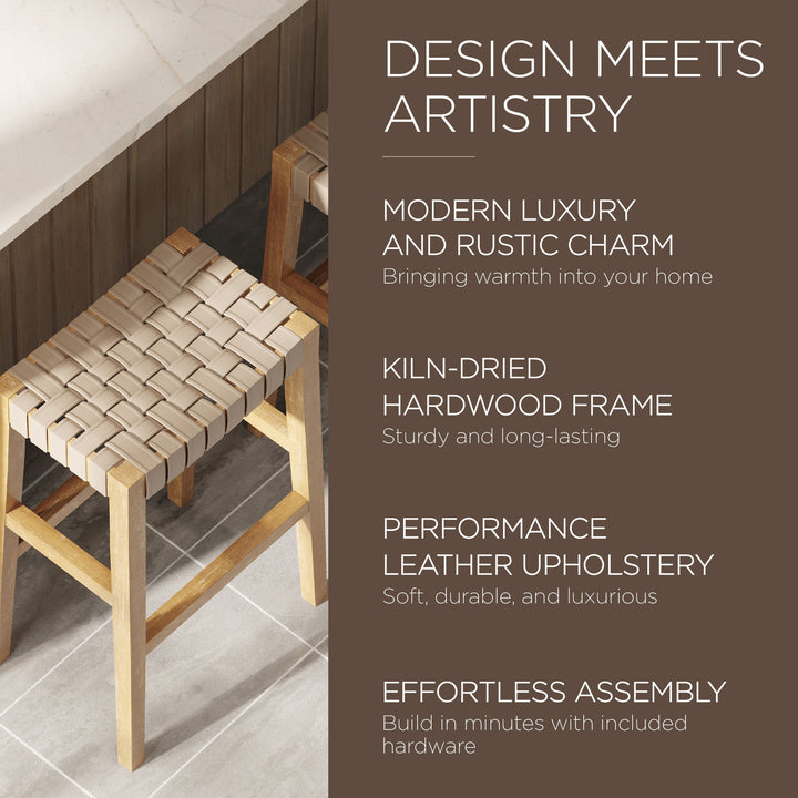 Maven Lane Emerson Bar Stool, Natural, Avanti Vegan Leather, Set of 4 (Open Box)