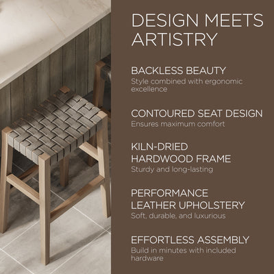 Maven Lane Emerson Bar Stool, Grey, Stone Vegan Leather, Set of 2 (Open Box)