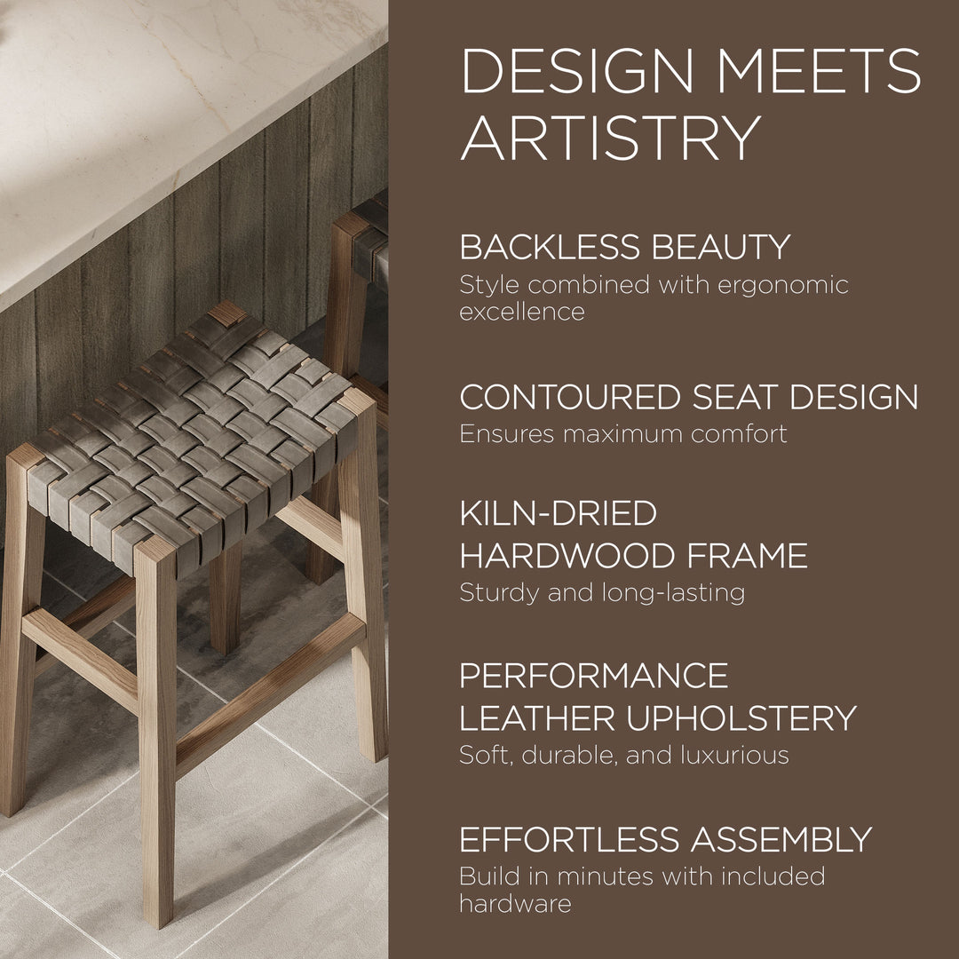 Maven Lane Emerson Bar Stool, Grey, Stone Vegan Leather, Set of 2 (Open Box)