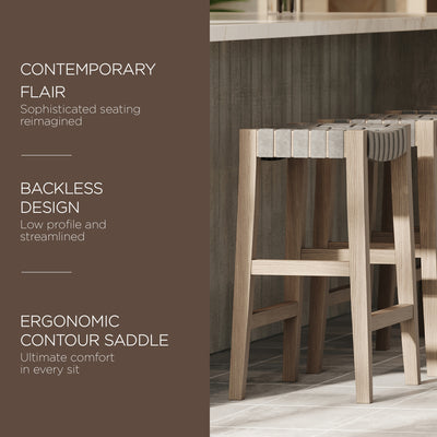 Maven Lane Emerson Counter Stool, Weathered Grey Wood & Vegan Leather, Set of 3