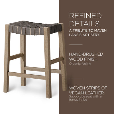 Maven Lane Emerson Counter Stool, Weathered Grey Wood & Vegan Leather, Set of 3