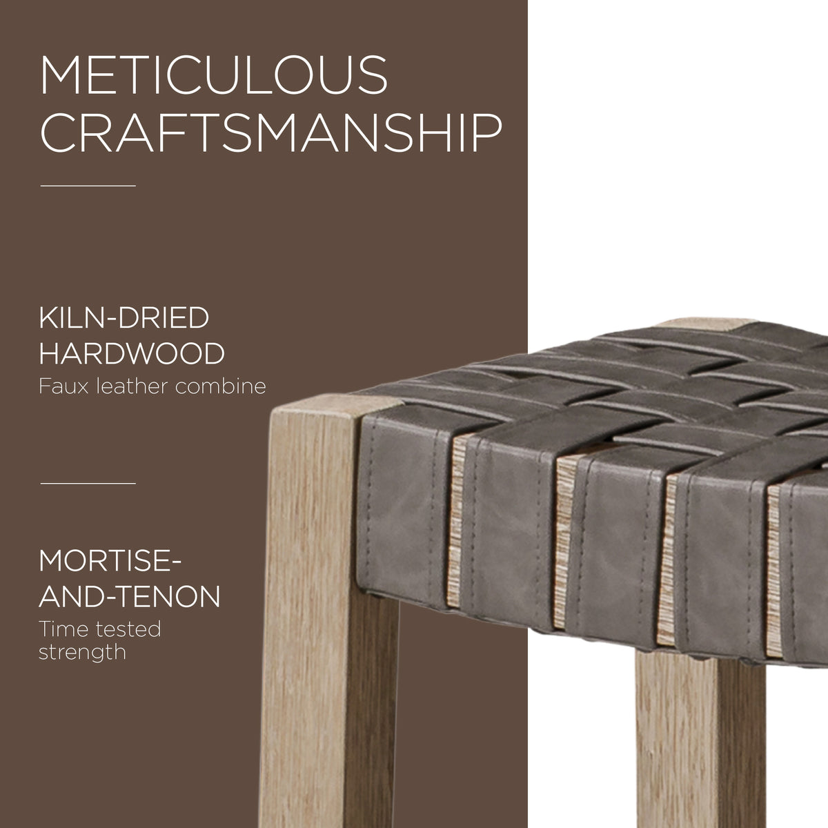 Maven Lane Emerson Counter Stool, Weathered Grey Wood & Vegan Leather, Set of 3