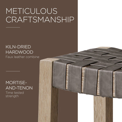 Maven Lane Emerson Counter Stool, Weathered Grey Wood & Vegan Leather, Set of 3