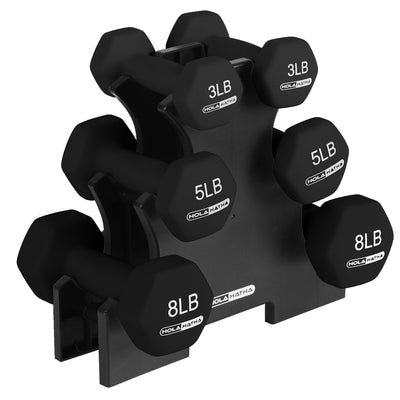 HolaHatha 3, 5, and 8 Pound Dumbbell Hand Weight Set w/Storage Rack, Black(Used)