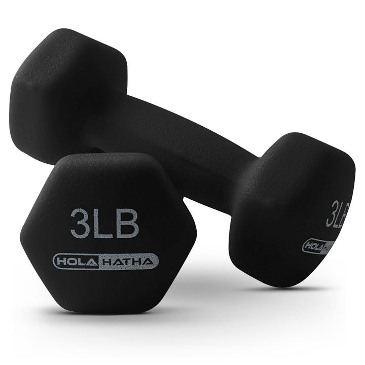 HolaHatha 3, 5 & 8 Pound Hex Dumbbell Hand Weight Set with Storage Rack, Black