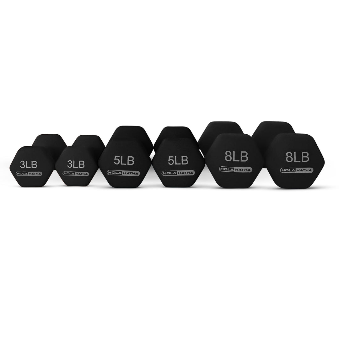 HolaHatha 3, 5 & 8 Pound Hex Dumbbell Hand Weight Set with Storage Rack, Black