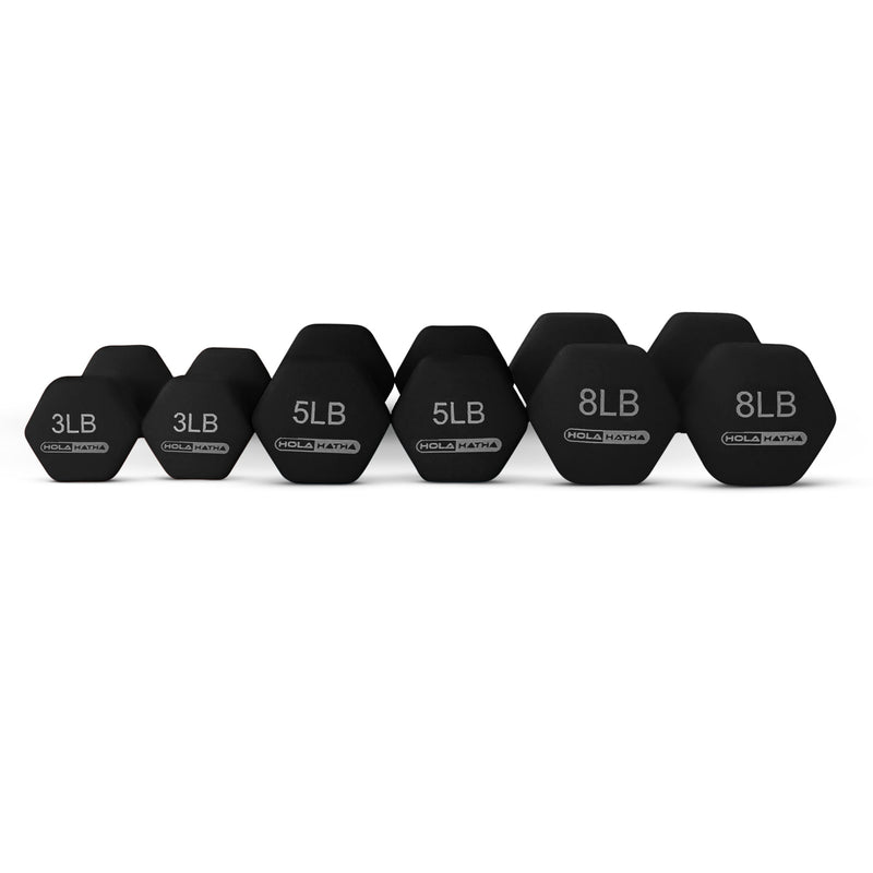 HolaHatha 3, 5, & 8Lb Dumbbell Hand Weight Set w/Storage Rack, Black (Open Box)