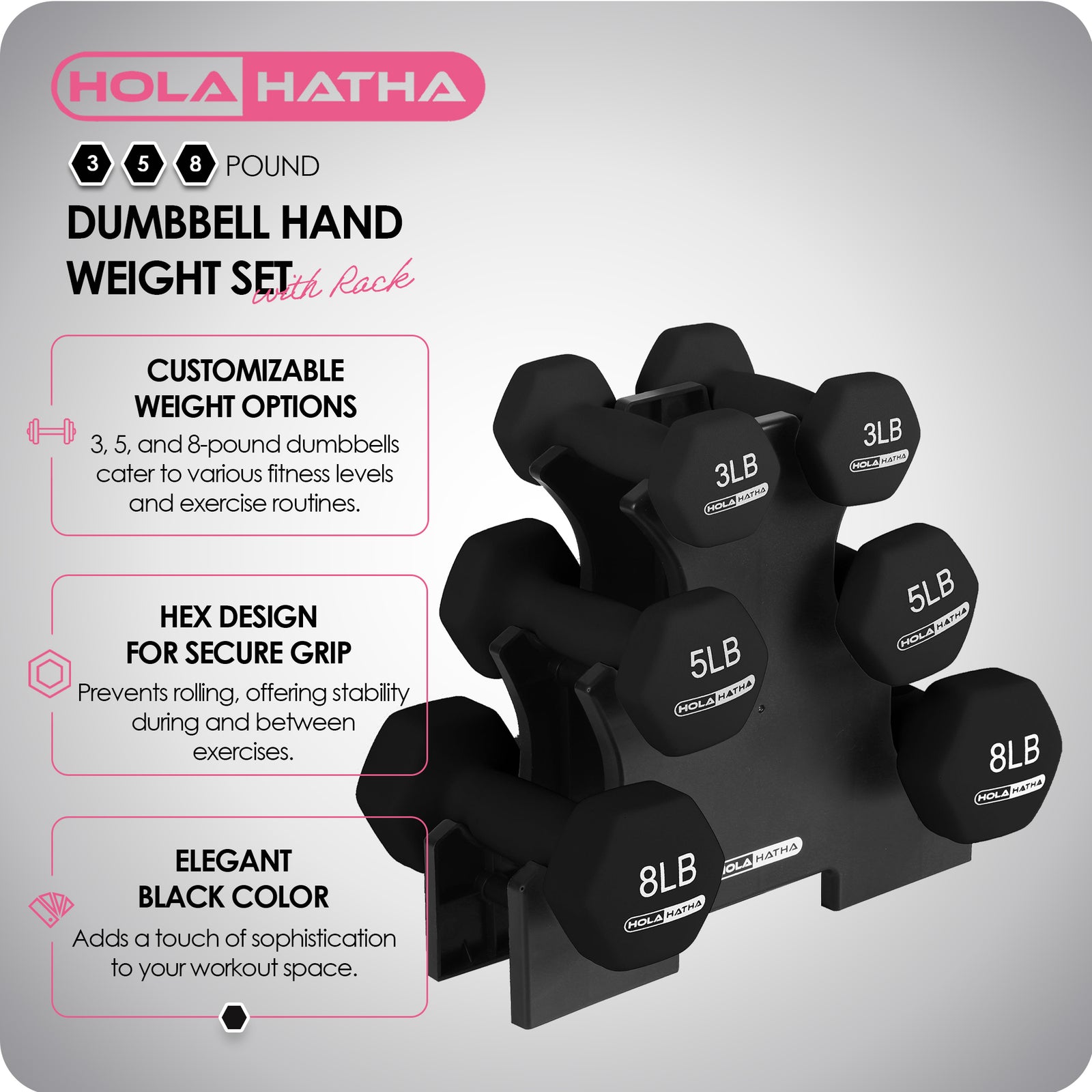 HolaHatha 3, 5 & 8 Pound Hex Dumbbell Hand Weight Set with Storage Rack, Black - VMInnovations