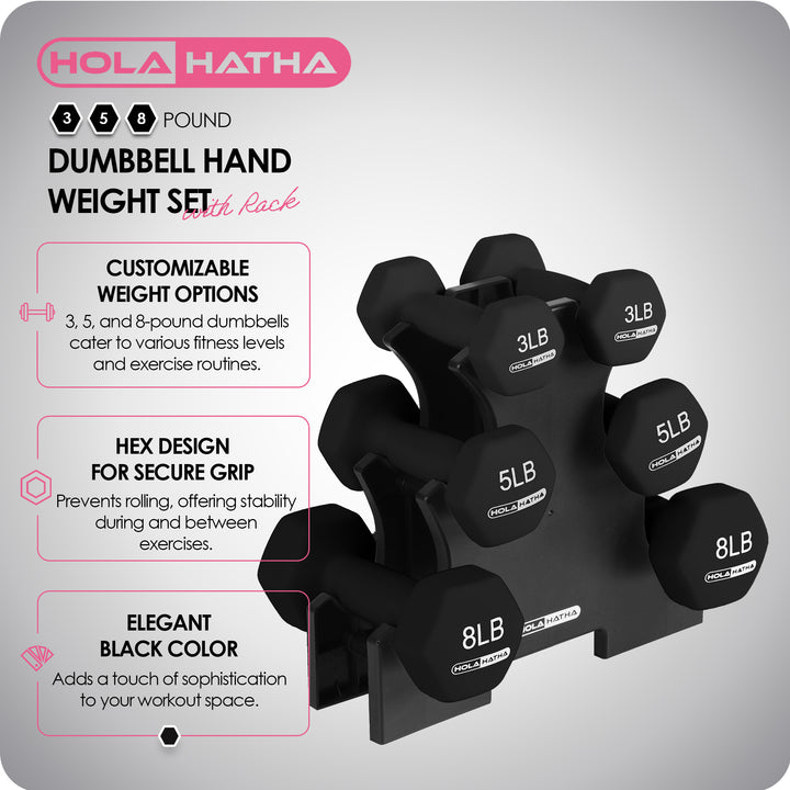 HolaHatha 3, 5 & 8 Pound Hex Dumbbell Hand Weight Set with Storage Rack, Black