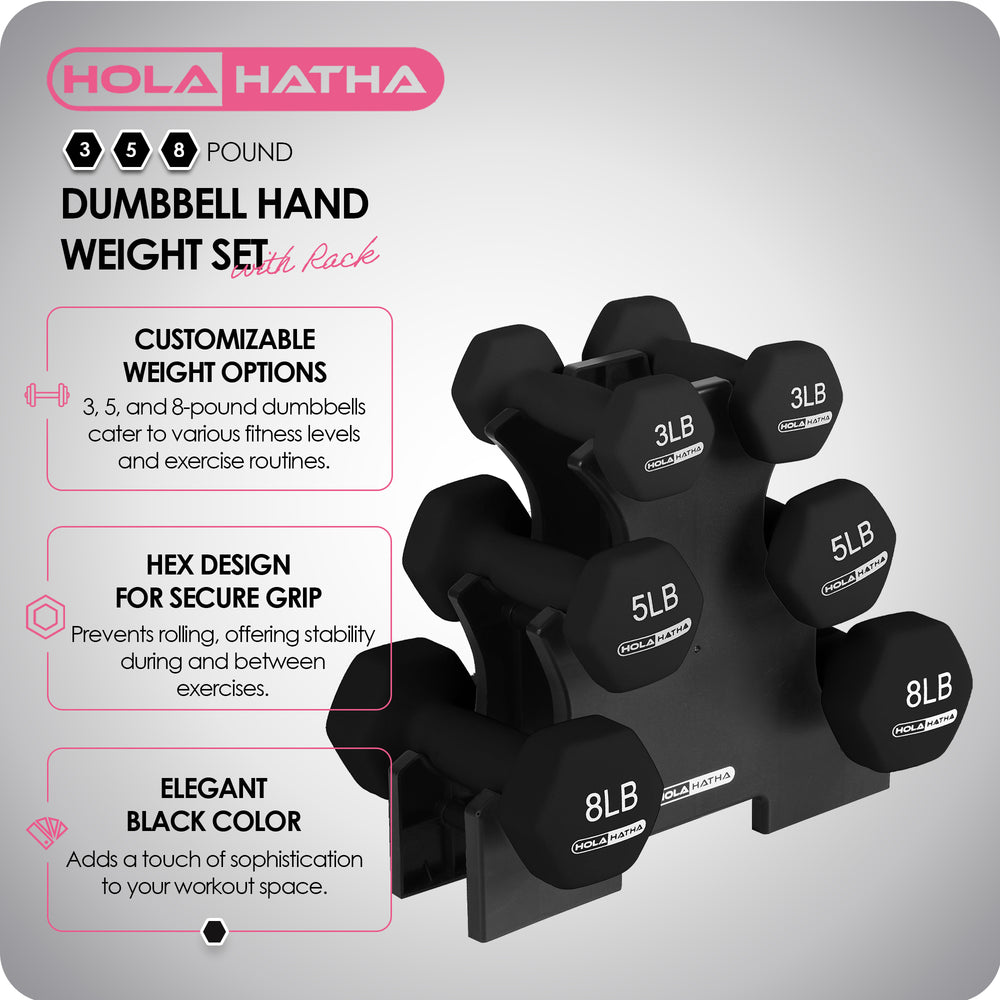 HolaHatha 3, 5, and 8 Pound Dumbbell Hand Weight Set w/Storage Rack, Black(Used) - VMInnovations
