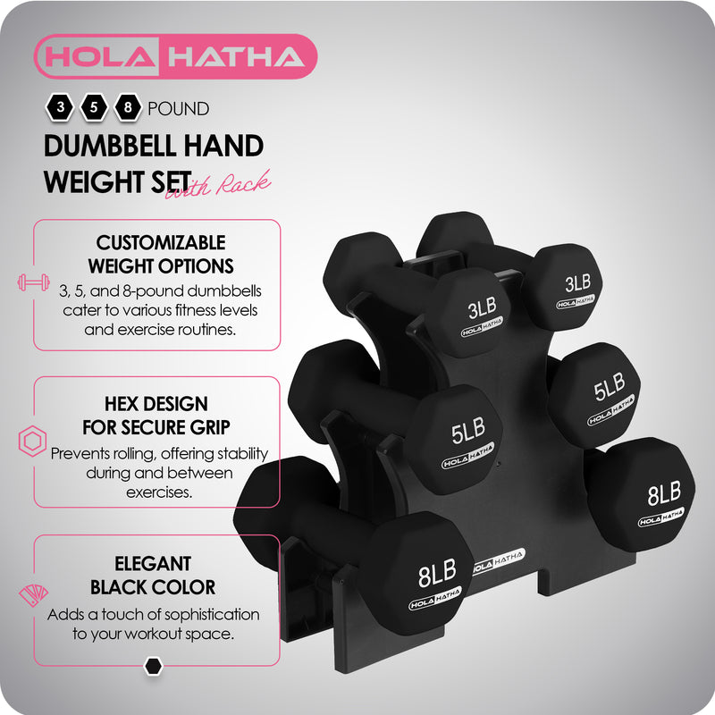 HolaHatha 3, 5, and 8 Pound Dumbbell Hand Weight Set w/Storage Rack, Black(Used)