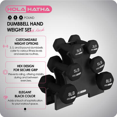 HolaHatha 3, 5, & 8Lb Dumbbell Hand Weight Set w/Storage Rack, Black (Open Box)