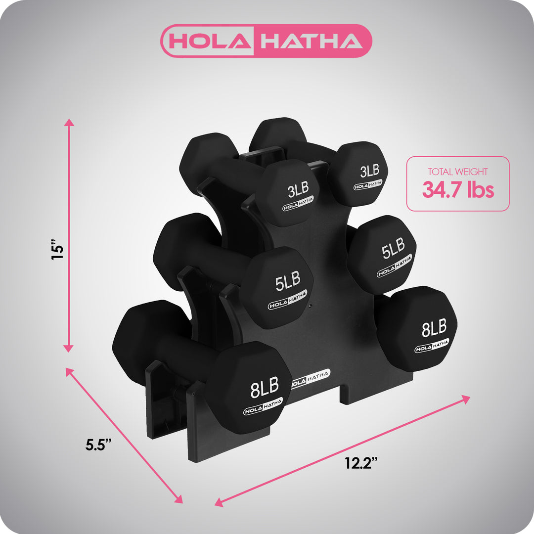 HolaHatha 3, 5 & 8 Pound Hex Dumbbell Hand Weight Set with Storage Rack, Black