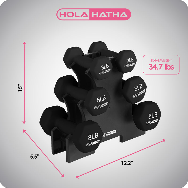 HolaHatha 3, 5, and 8 Pound Dumbbell Hand Weight Set w/Storage Rack, Black(Used)