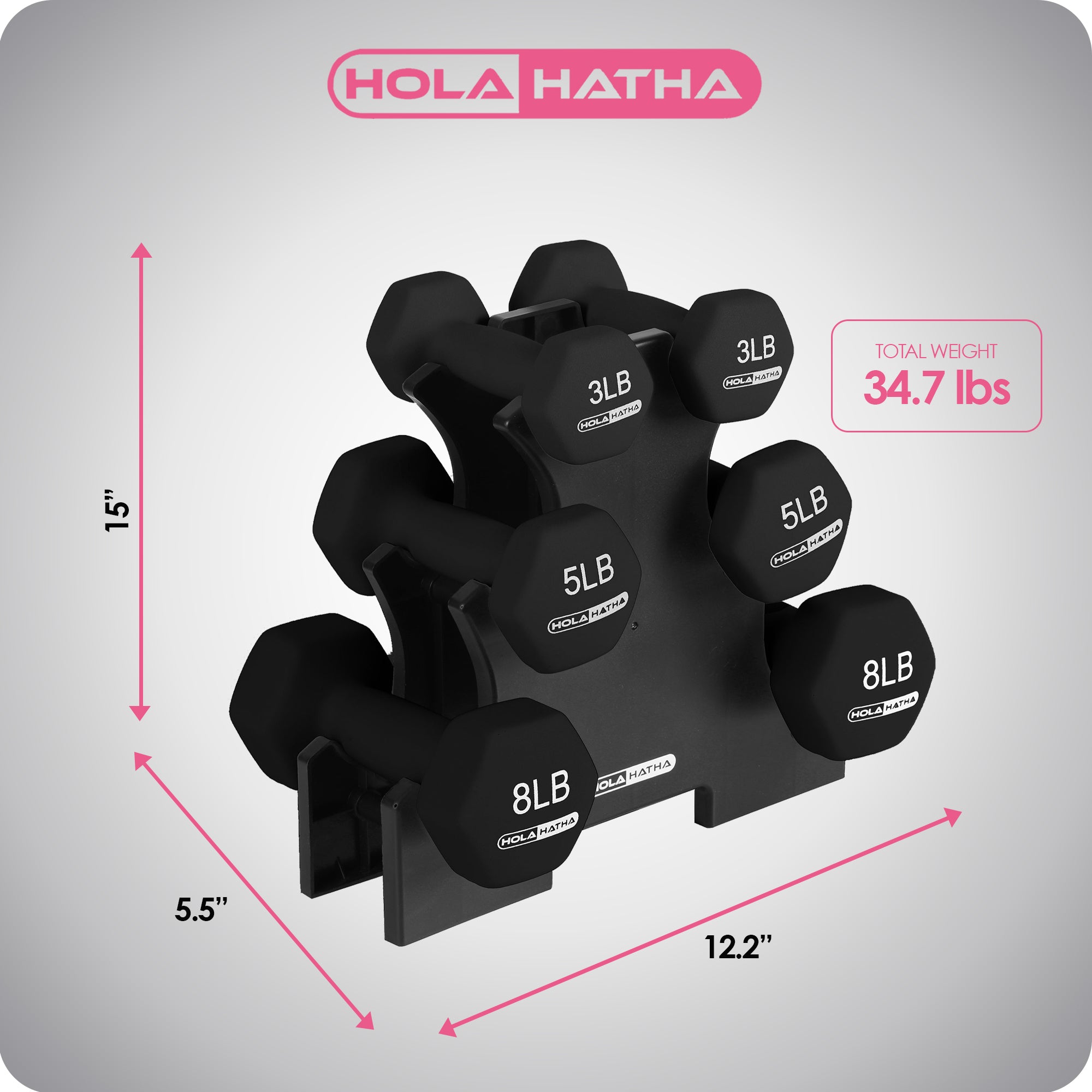 HolaHatha 3, 5 & 8 Pound Hex Dumbbell Set with Storage Rack, Black (For Parts) - VMInnovations