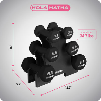 HolaHatha 3, 5, & 8Lb Dumbbell Hand Weight Set w/Storage Rack, Black (Open Box) - VMInnovations