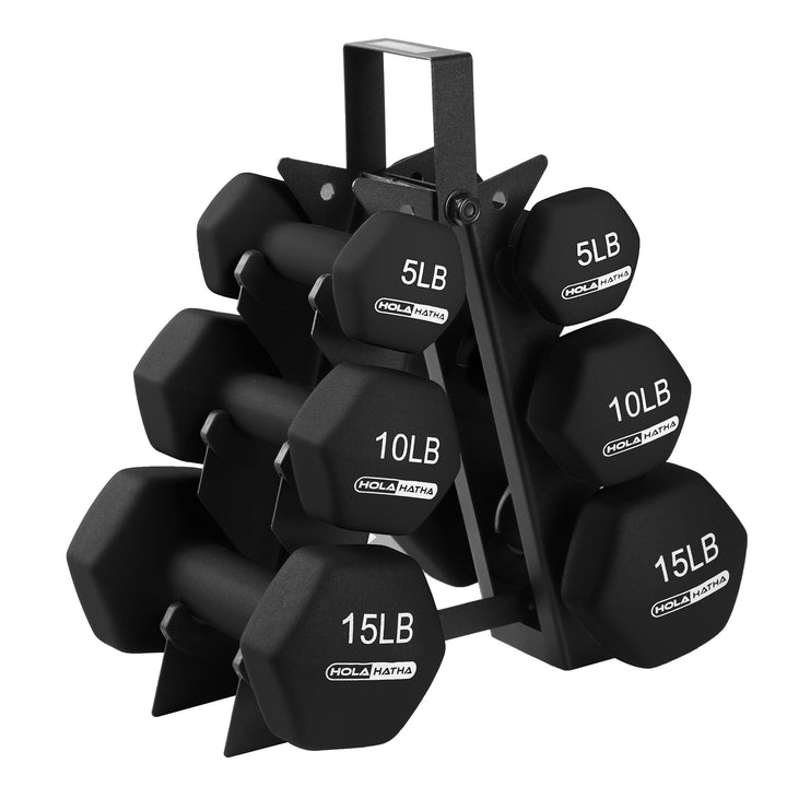 HolaHatha 5, 10, & 15LB Neoprene Dumbbell Free Hand Weight Set with Rack (Used)