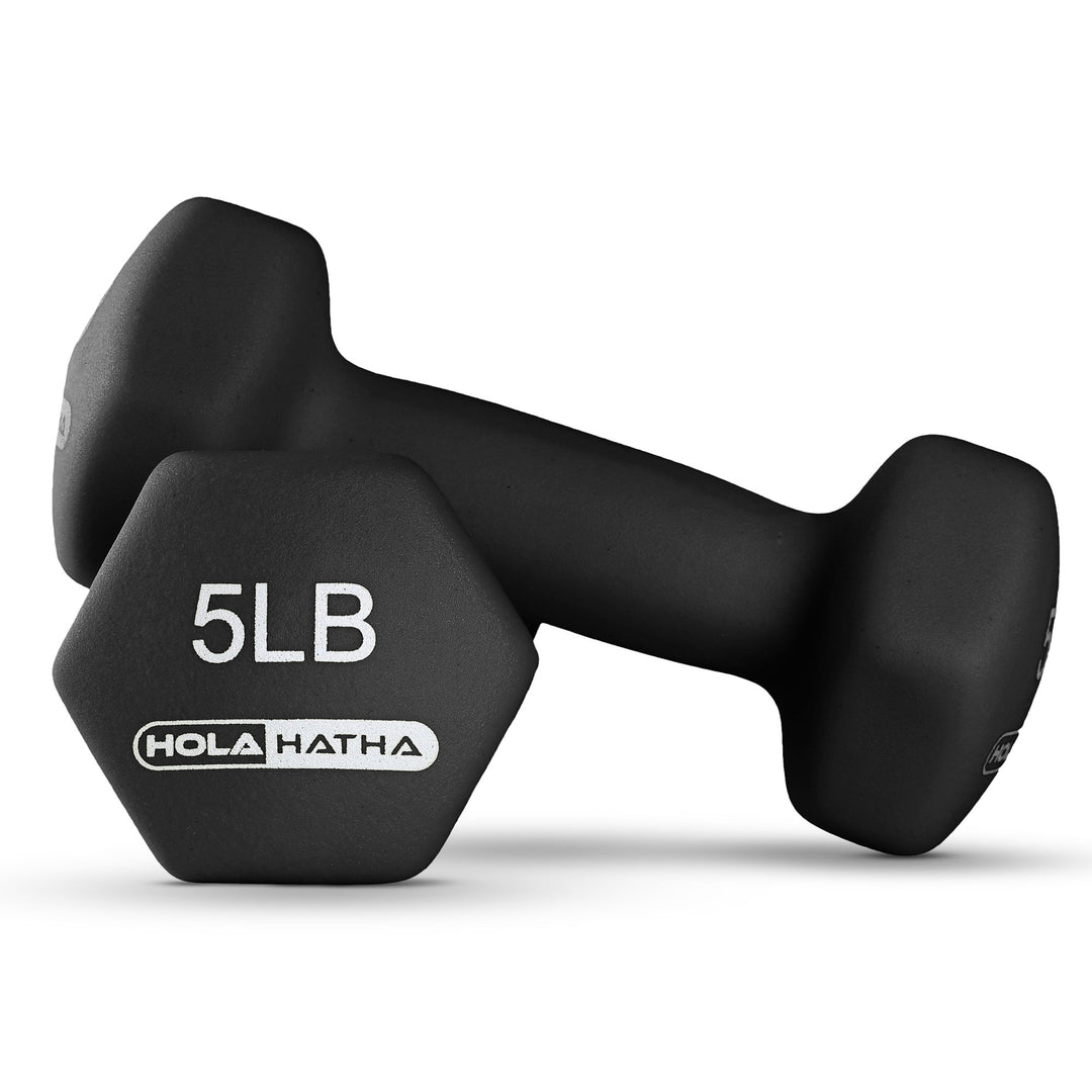 HolaHatha 5, 10, and 15 Pound Neoprene Dumbbell Free Hand Weight Set with Rack