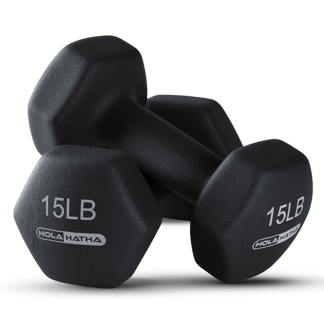 HolaHatha 5, 10, and 15 Pound Neoprene Dumbbell Free Hand Weight Set with Rack