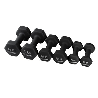 HolaHatha 5, 10, & 15LB Neoprene Dumbbell Free Hand Weight Set with Rack (Used)