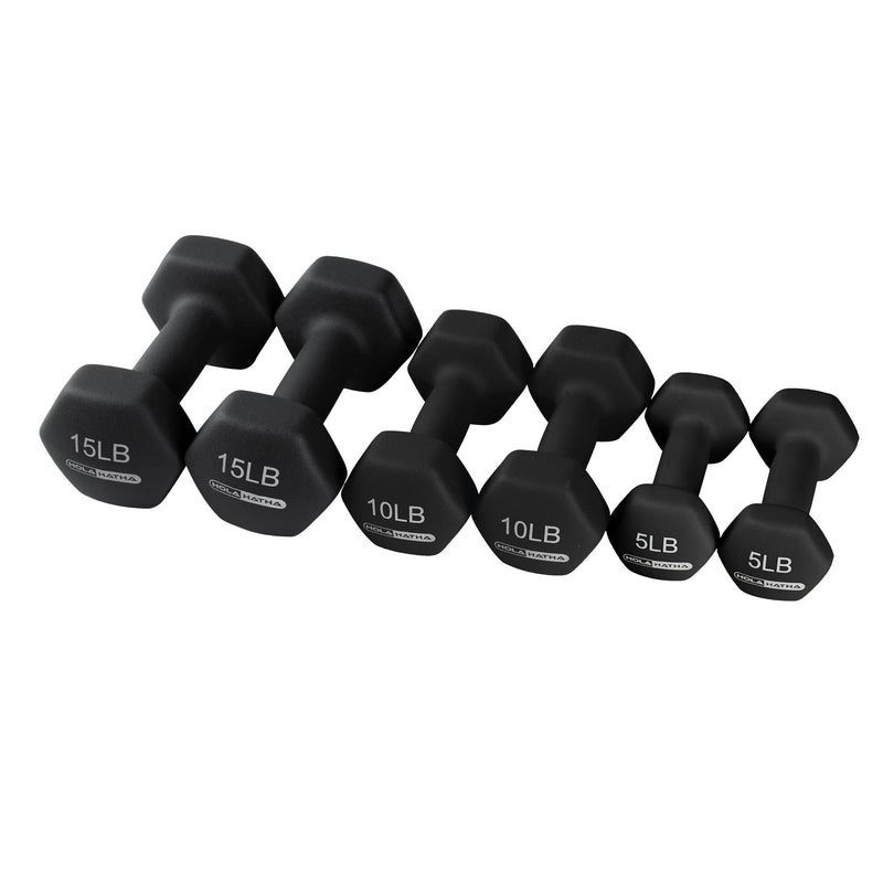 HolaHatha 5, 10, and 15 Pound Neoprene Dumbbell Free Hand Weight Set with Rack