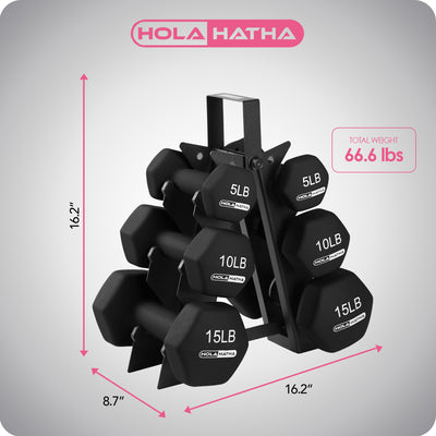 HolaHatha 5, 10, & 15lbs Neoprene Dumbbell Free Hand Weight Set w/Rack(Open Box) - VMInnovations