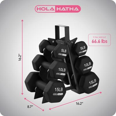 HolaHatha 5, 10, & 15lbs Neoprene Dumbbell Free Hand Weight Set w/Rack(Open Box)