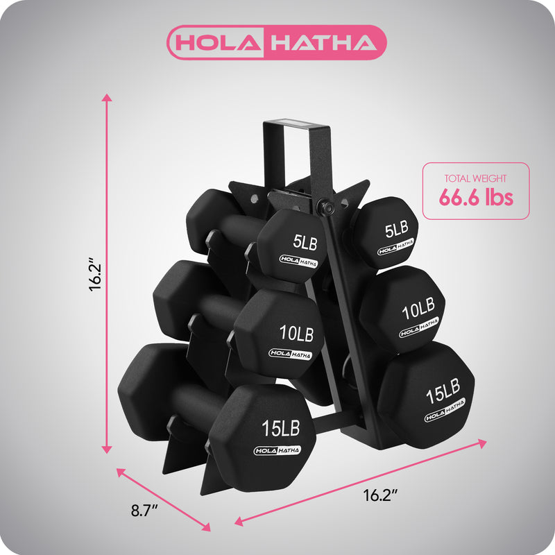 HolaHatha 5, 10, & 15LB Neoprene Dumbbell Free Hand Weight Set with Rack (Used)