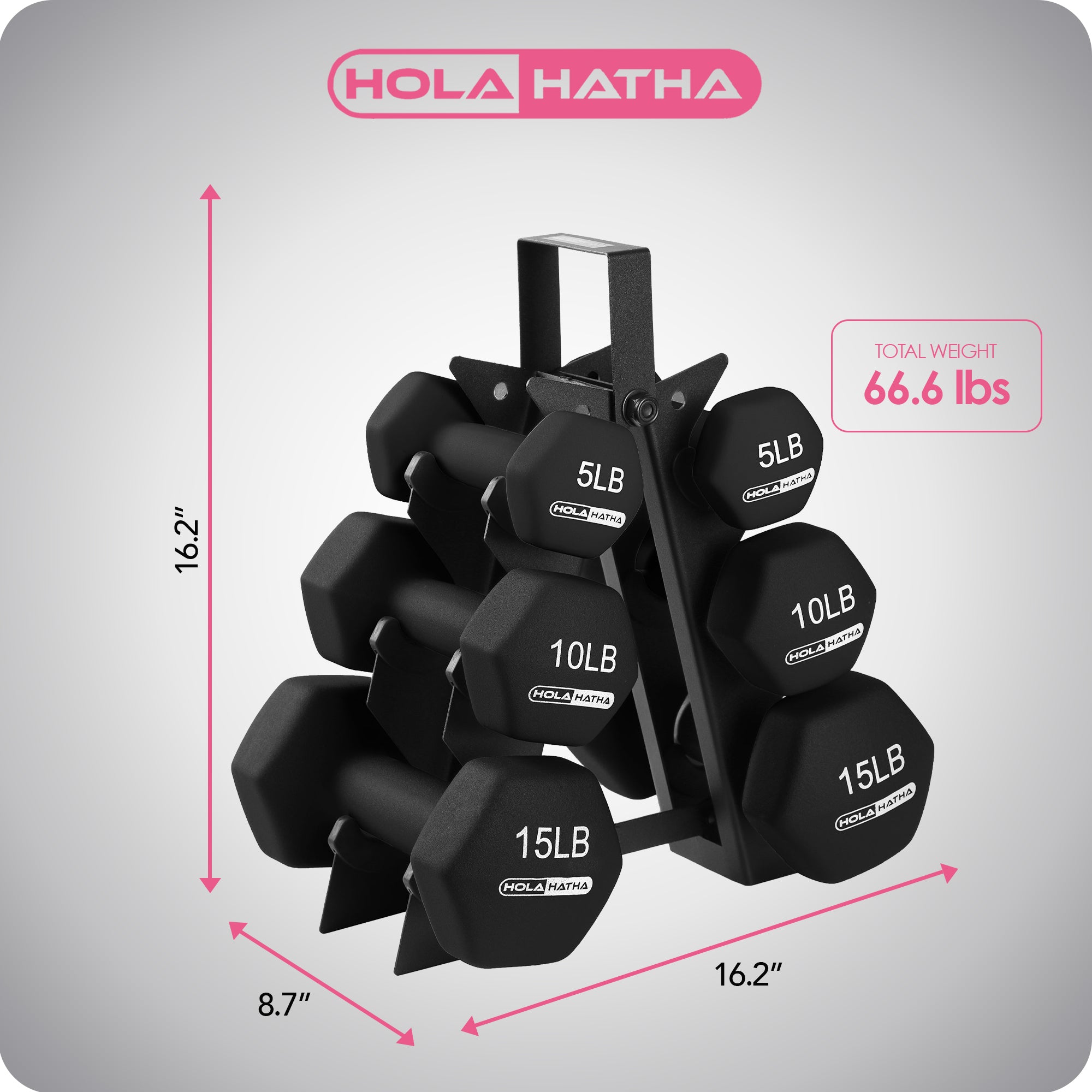 HolaHatha 5, 10, & 15LB Neoprene Dumbbell Free Hand Weight Set with Rack (Used) - VMInnovations