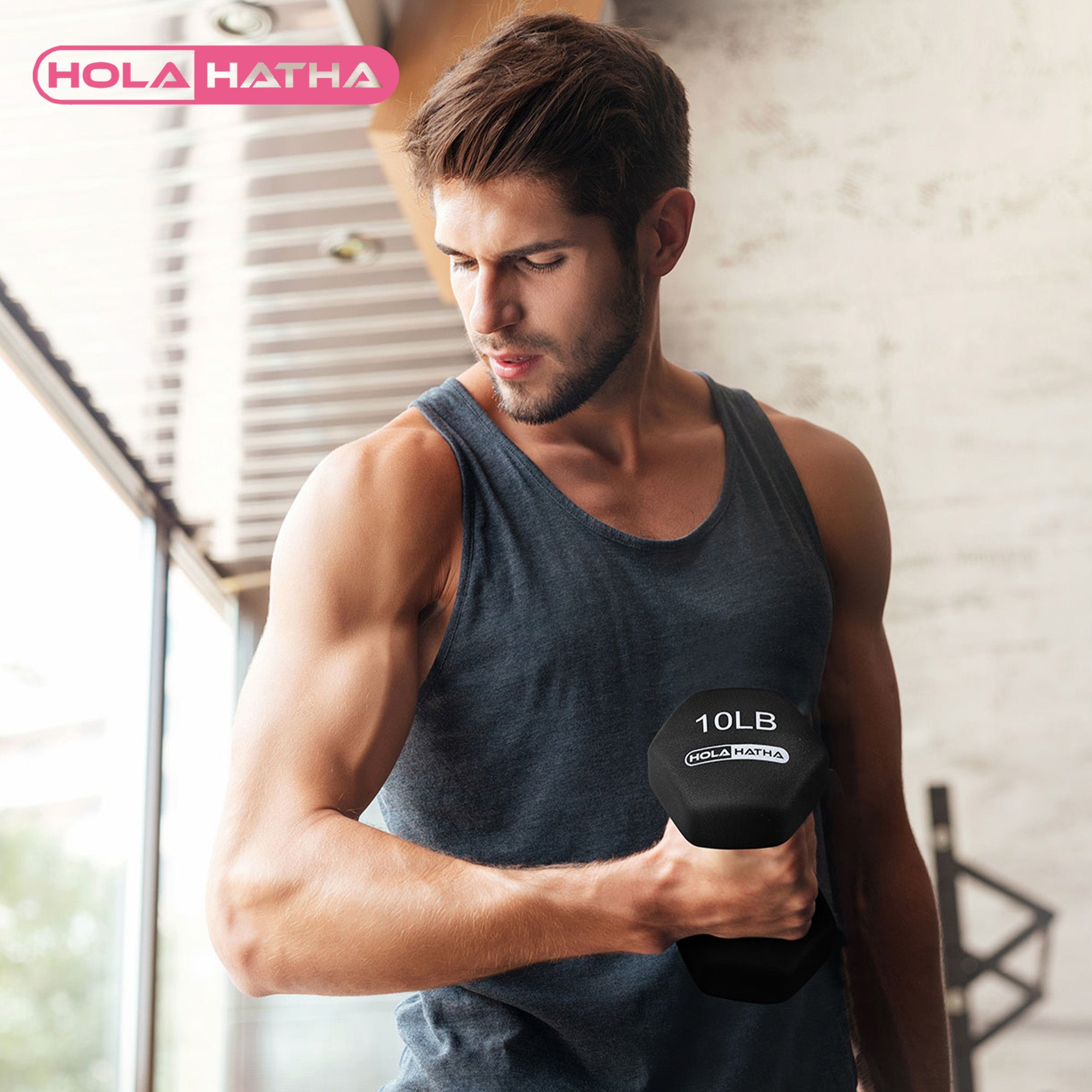 HolaHatha 5, 10, & 15LB Neoprene Dumbbell Free Hand Weight Set with Rack (Used) - VMInnovations