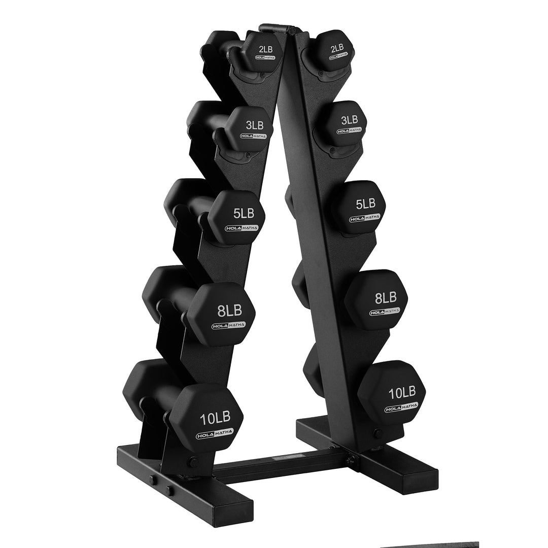 HolaHatha 2, 3, 5, 8 & 10lb Neoprene Dumbbell Weight Set with Storage Rack(Used)