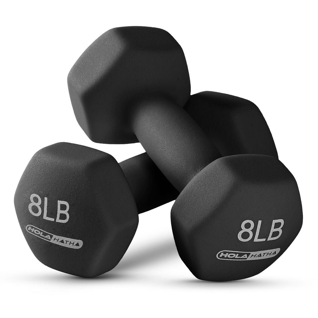 HolaHatha 2, 3, 5, 8 & 10 Pound Neoprene Dumbbell Weight Set with Storage Rack