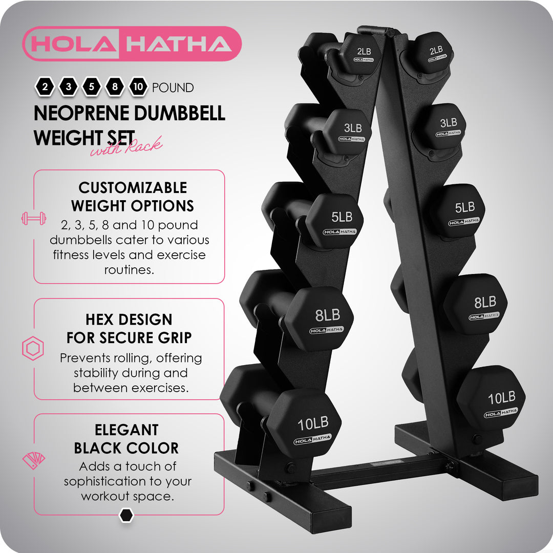 HolaHatha 2, 3, 5, 8 & 10 Pound Neoprene Dumbbell Weight Set with Storage Rack