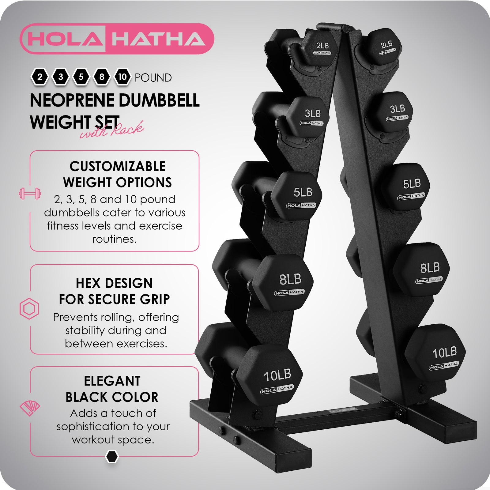 HolaHatha 2, 3, 5, 8 & 10 Pound Neoprene Dumbbell Weight Set with Storage Rack - VMInnovations