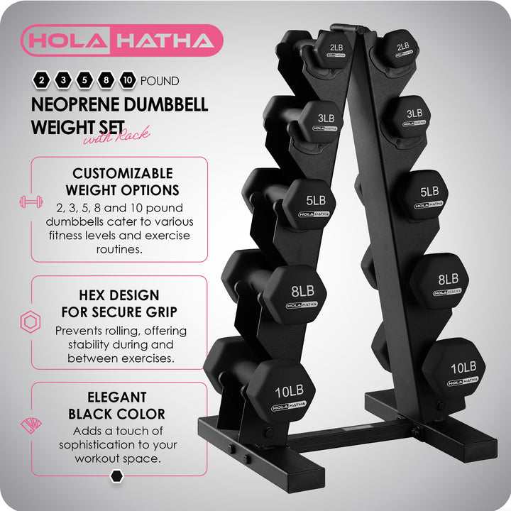 HolaHatha 2, 3, 5, 8 & 10lb Neoprene Dumbbell Weight Set with Storage Rack(Used)