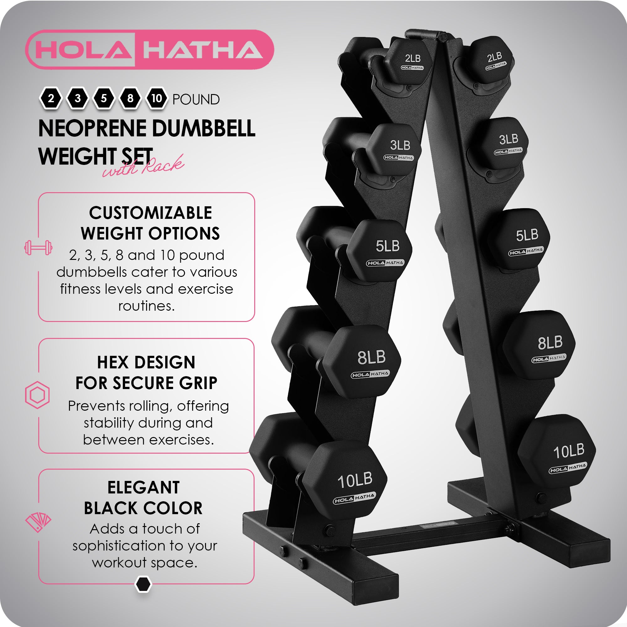 HolaHatha 2, 3, 5, 8 & 10lb Neoprene Dumbbell Set w/Storage Rack (Open Box) - VMInnovations