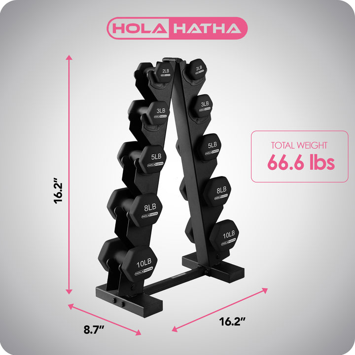 HolaHatha 2, 3, 5, 8 & 10lb Neoprene Dumbbell Set w/Storage Rack (For Parts)