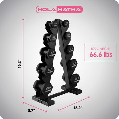 HolaHatha 2, 3, 5, 8 & 10 Pound Neoprene Dumbbell Weight Set with Storage Rack