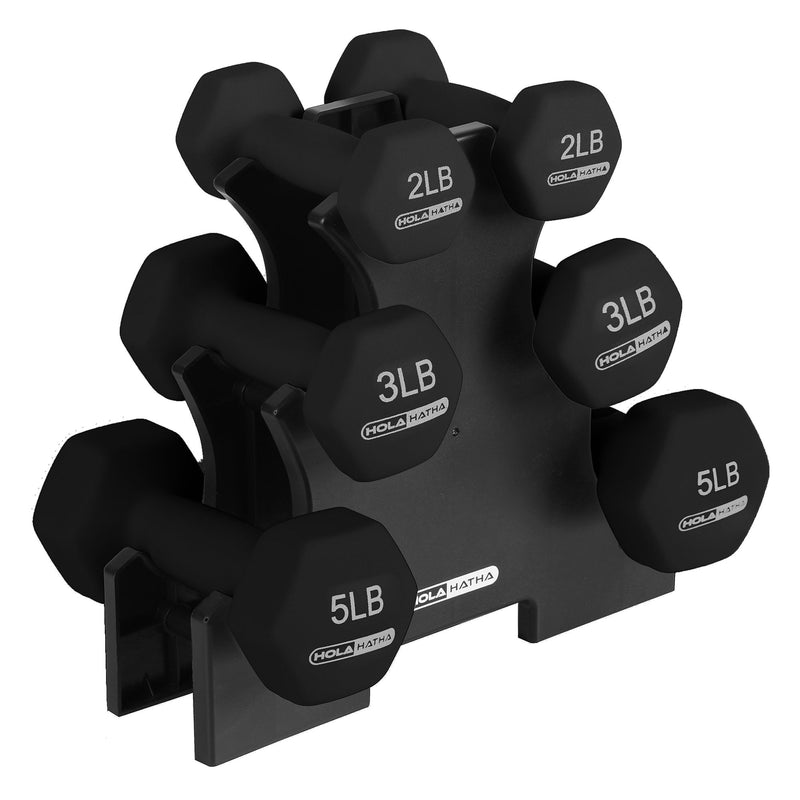 HolaHatha 2, 3, and 5lb Neoprene Dumbbell Hand Weight Set w/Rack, Blk (Open Box)