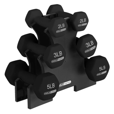 HolaHatha 2, 3, and 5 Pound Neoprene Dumbbell Free Hand Weight Set w/Rack, Black